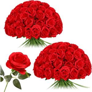 Nubry 50pcs Artificial Silk Roses Bulk,Fake Roses Flower with Stems Realistic Flowers for Wedding Centerpiece Home Party Decor(Red) (Red-50)