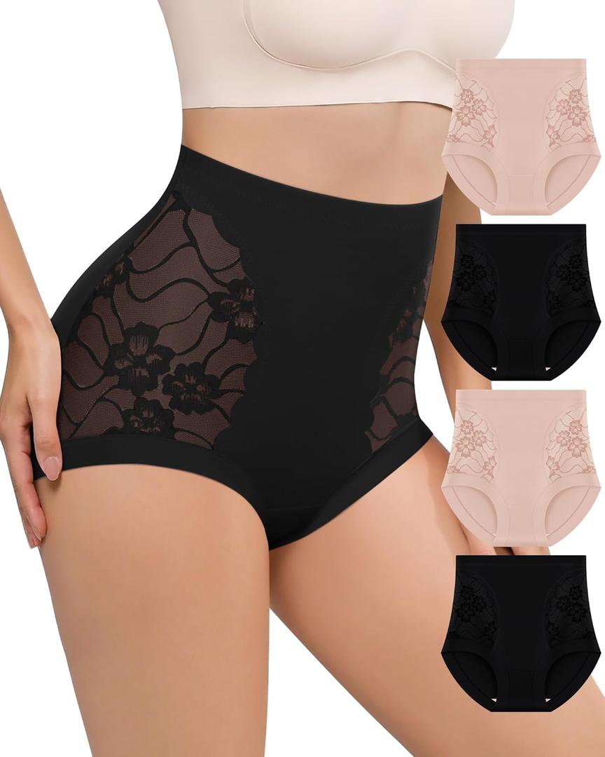 Women's High Waisted Lace Underwear Full Coverage Nylon Panties Soft Breathable Sexy Ladies Briefs 4 Pack S-XXL (Large, Black, black, nude, nude)