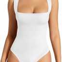 MANGOPOP Women's Square Neck Tank Top Bodysuit Sexy Double Lined Sleeveless Thong Body Suits Going Out Tops.S