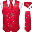 DiBanGu Christmas Men's Suit Vest and Tie Snowflake Waistcoat Necktie Pocket Square Cufflinks Set Festival Party Gifts (Medium, Christmas Red Green)
