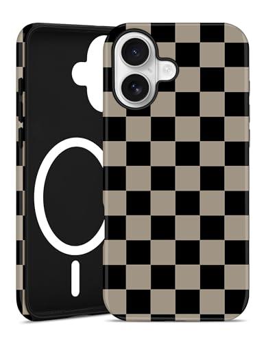 Jusy Compatible with MagSafe Checkerboard Phone Case for iPhone 16, Cute Aesthetic Checkered Magnetic Soft TPU & Hard PC Protective Phone Cover for Women Girls（Matte） - Coffee