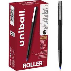 Uniball Roller Ball Stick Pens, 0.5 mm Micro Tip, Blue, Pack of 12