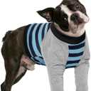 FUAMEY Dog Recovery Sleeve with Elbow Protector,Dogs Shirt Stop Licking Joints,Pet Long Sleeve Suit Protecting Dog's Front Leg Arm Wounds Cover Skin Conditions Blue Stripe,Size S