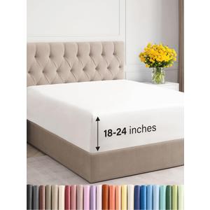Extra Deep Queen Fitted Sheet - Hotel Luxury Single Fitted Sheet Only - Easily Fits 18 inch to 24 inch Mattress - Ultra Soft, Wrinkle Free with Extra Deep Pockets - Breathable & Comfy - Antique White