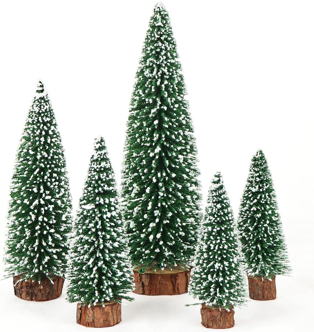 AerWo 5Pcs Mini Christmas Trees - Flocked Bottle Brush Trees With Wooden Bases for Tabletop Decor, Winter Holiday Table Decorations, Village Crafts