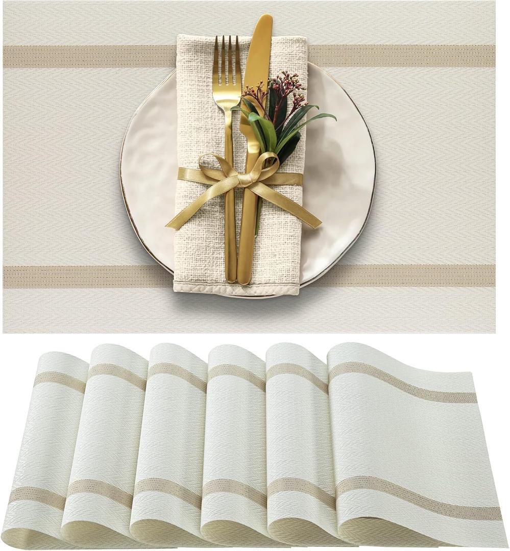 More Dcor Dining Table Placemats, Washable Heat-Resistant PVC Vinyl Table Mats for Dining Room and Kitchen, Anti-Slip - Set of 6 - Ivory