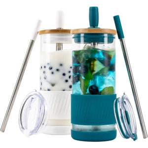 Pandaloo® Glass Cups With Lids and Straws -20 Fl Oz- Perfect Size Iced Coffee Cup - Smoothie Cup With Bamboo Lid and On the go Lid - Glass Tumbler (2 Count (Pack of 1), Coton White-Intense Teal)
