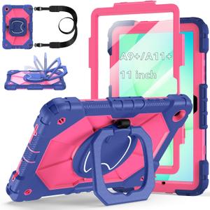 Case for Samsung Galaxy Tab A11+ Plus/A9+ Plus 11-Inch 2025/2023, Auorld Rugged Case for Samsung Galaxy A9+/A11+ Tablet with Screen Protector 360 Rotating Stand Shoulder Strap Pen Holder, Navy Pink