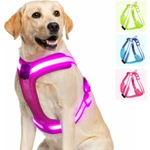 Light Up Dog Harness - LED Dog Harness Rechargeable, No Choke Illuminated Glow Dark Harness Vest Waterproof for Medium Large XL Dogs for Camping Night Safety Walking-Pink,M
