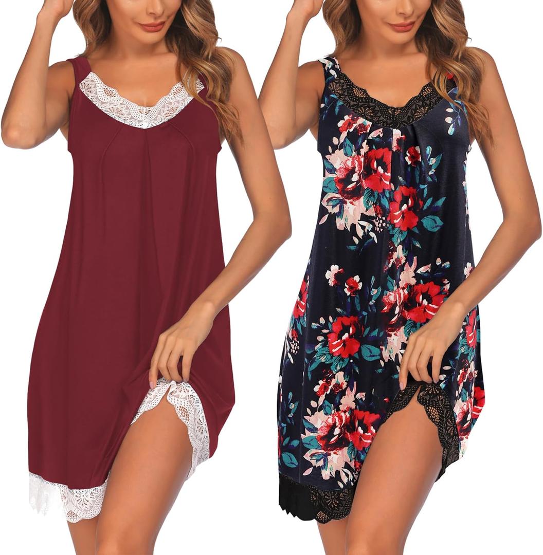 Ekouaer Womens Nightgown 2 Pack Nightgown V Neck Lace Sleepwear Sleeveless Chemise Women's nightgowns & sleepshirts (Large, Wine Red+black Flower)