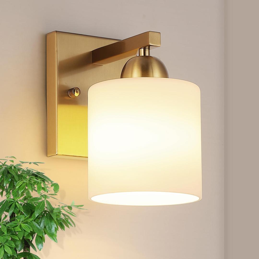 Mecgirn Gold Milk Glass Wall Sconces, 1 Pack Hardwired Indoor Wall Light Fixtures for Living Room, Hallway, Bedroom, Ceramic E26 Sockets (Bulbs Not Included)