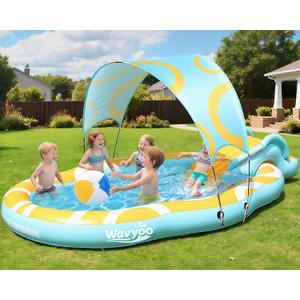 Kiddie Pool with Slide and Canopy, Inflatable Kids Pool with Slide Large Durable Thickened Toddler Pool, Backyard Water Play Center for Kids, Inflatable Water Slide for Kids Backyard (126"x72"x52")