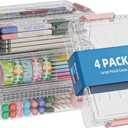 4 Pack Extra Large Pencil Box, Plastic Pencil Case Organizer, Clear Crayon Box Marker Organizer, Stackable Craft Organizers and Storage for Pen, Craft, Art Supply (Pink)