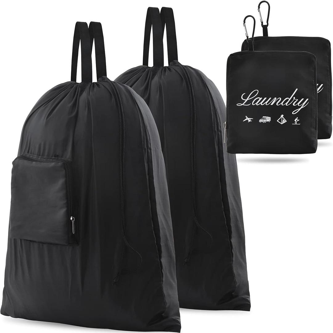 2 Pcs Travel Laundry Bag, JHX Dirty Clothes Bag Upgraded with Handles and Aluminum Carabiner, Collapsible Laundry Bag for Travel, Camp, Fitness, and StudentsBlack 24"L x 21"W