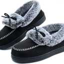 DL Womens Fuzzy Warm Moccasin Slippers Memory Foam, Soft Fluffy Women's Winter House Slipper Closed Back Fur Lined, Cozy Ladies Suede Indoor Bedroom Houseshoes Non-Slip, 8