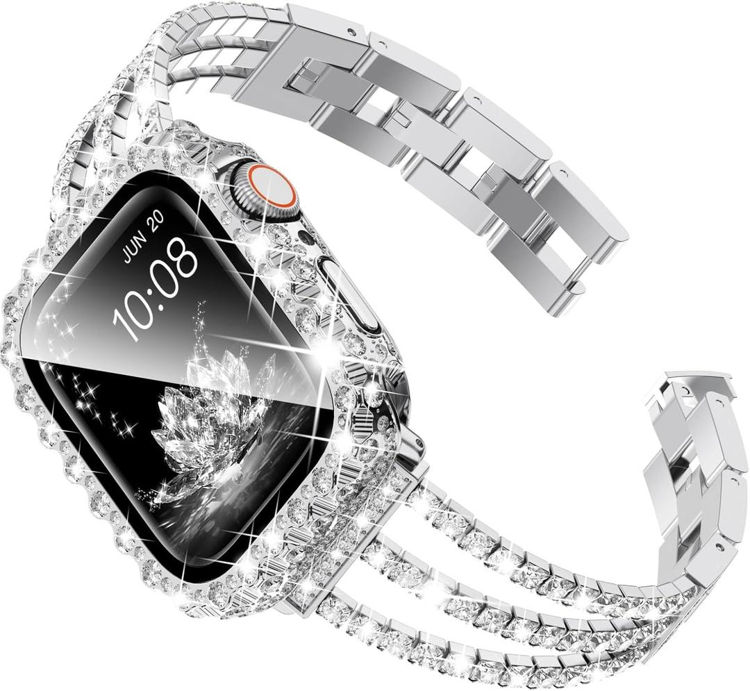 Surace Compatible with Apple Watch Bands 41mm for Women Series 9 8 7, Bling Diamond Rhinestone Link Bracelet with 2 in 1 Waterproof Bling Case Lace Edge Diamond Protective Bumper Face Cover, Silver