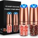 XinXu Gravity Electric Pepper and Salt Grinder Set, Adjustable Coarseness, Battery Powered with LED Light, One Hand Automatic Operation, Stainless Steel -Copper, 2 Pack
