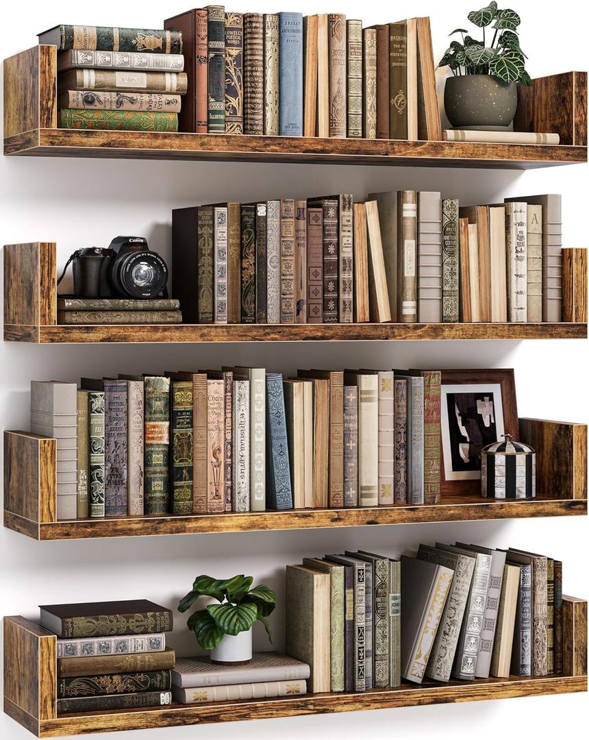 Floating Bookshelves for Wall - Wall Mounted Bookshelf Set of 4, U-Shaped Hanging Bookshelf for Bedroom, Living Room & Office, Wall Book Shelf for Home Decor & Storage (4, Rustic Brown, 23.63 Inches)