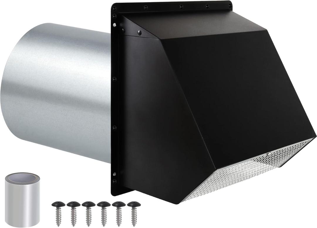 6 Inch Wall Vent Hood,Exterior Wall Exhaust Vent Cover,Dryer Vent Cover Outside with Screen and Damper,External Extractor Wall Vent Cap for Range Hood Kitchen Outdoor Air Vent,Galvanized Steel,Black