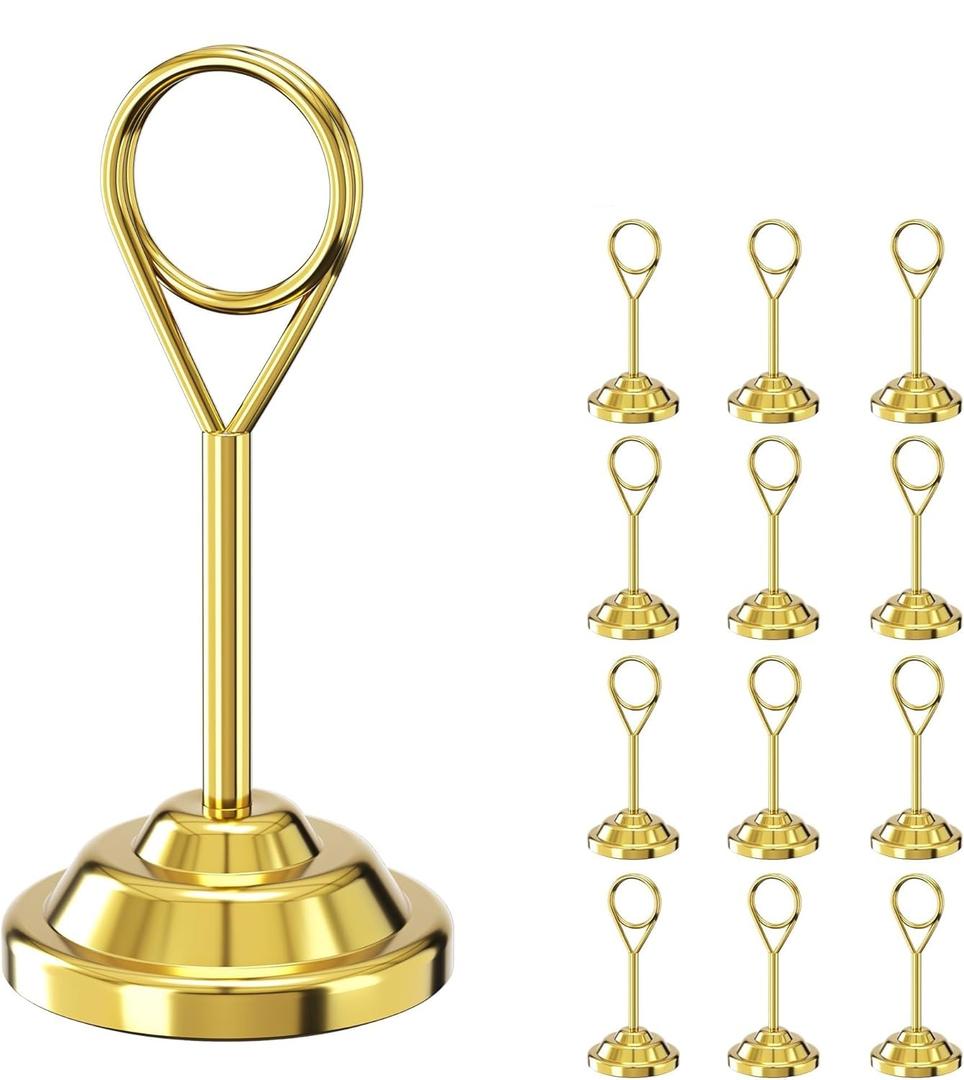 12 Pieces Table Card Holder Place Card Holders 4 inches Steel Card Holders for Photos, Food Signs, Memo Notes, Weddings, Restaurants, Birthdays (Gold Round)