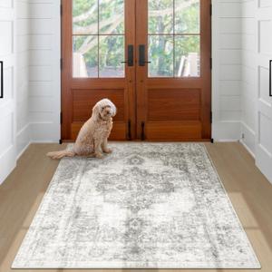 Area Rug 3x5 Vintage Rug: Washable Indoor Medallion Rug Low Pile Distressed Floor Carpet Retro Accent Doormat for Bedroom Bathroom Hallway Kitchen Home Office(Grey, 3'x5')
