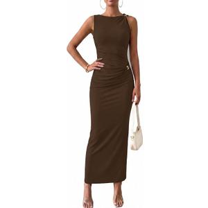 Simplee Womens Summer Bodycon Maxi Dress Ruched Sleeveless Elegant Ribbed Wedding Guest Cocktail Formal Long Dresses(Coffee Brown, Medium)
