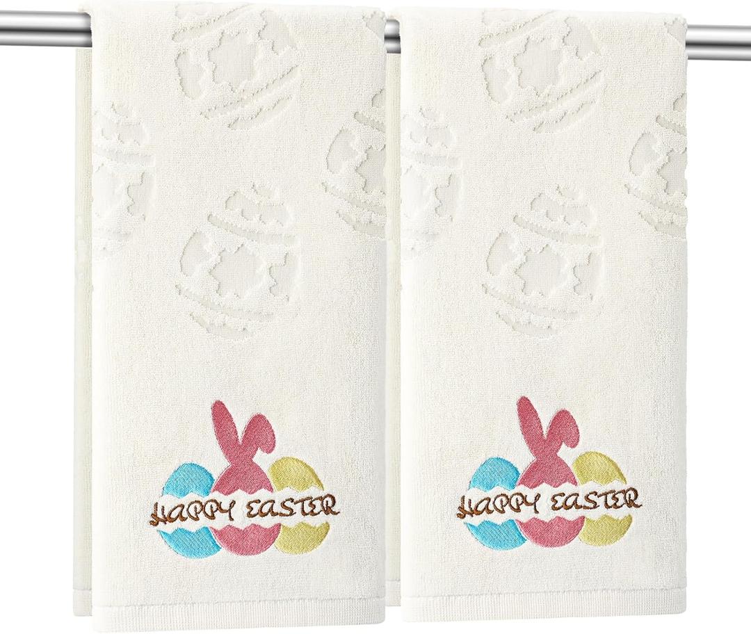 2 Pcs Easter Hand Towels for Bathroom Eggs Easter Bath Towels Beige 100% Cotton Jacquard Embroidered Decorative Gift Set Kitchen Decor Home Accessories