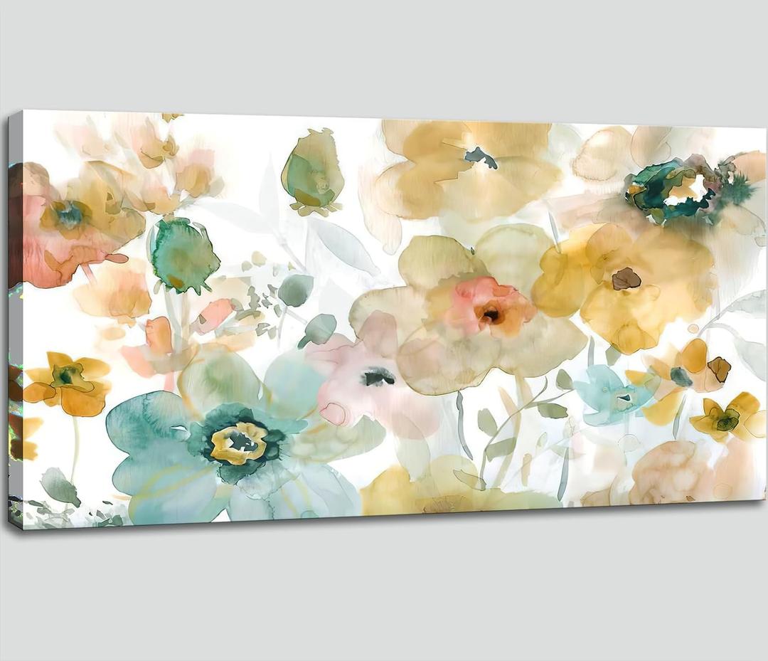 Framed Colorful Wildflower Canvas Wall Art Wildflowers Canvas Pictures Rustic Botanical Artwork Abstract Watercolor Artwork for Home Living Room Bedroom Kitchen Office Wall Decor 20"x40"