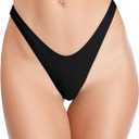 SHEKINI Women's Thong Bikini Bottom High Cut V Cheeky Brazilian Swimsuit Bottom (Manhattan Black), S