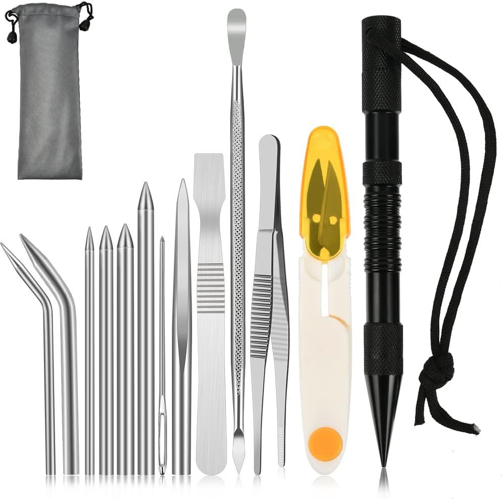 BUYGOO 14Pcs Paracord Stitching Set Stainless Steel Lacing Needles FID Knotter Tools with Marlin Spike Storage Bag for Paracord Fids DIY Craft (Black)