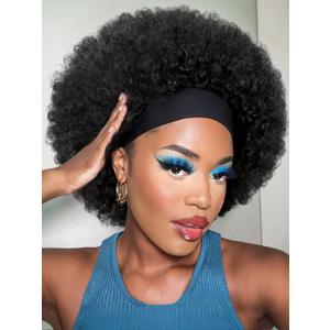 quickwig Afro Headband Wig Natural Black Short Afro Kinky Curly Wigs with Headbands Attached Glueless Synthetic Wear and Go for Black Women Fluffy Bouncy Afro Wigs for Daily Party