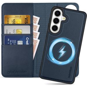 SHIELDON Real Leather Wallet Case for Galaxy S26+ 6.7", Detachable, RFID Blocking Credit Card Slot, Flip Magnetic Closure, Kickstand, Wireless Charging, Removable Shock Absorbing Cover - Navy Blue