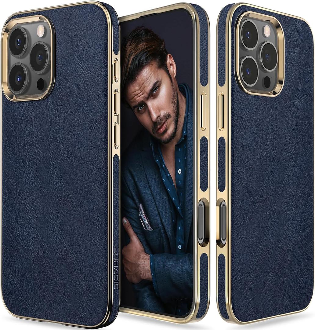 LOHASIC for iPhone 16 Pro Max Case Leather, Men Women Luxury PU Leather Classic Back Cover Soft Grip Cases for iPhone 16 Pro Max 6.9 Inch 2024, Navy Blue