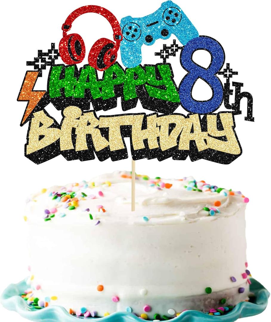 Gyufise 1Pcs Video Game Happy 8th Birthday Cake Topper Glitter Video Game Cake Pick Game On Controllers Tenth Cheers to 8 Years Cake Decoration for Boys 8th Birthday Party Supplies