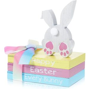 Ferraycle 4 Pcs Easter Table Decorations Bunny Tail Tiered Tray Decor Happy Easter Centerpiece Farmhouse Wooden Block Signs Decorative Book Spring Decorations for Kitchen Home Shelf Office