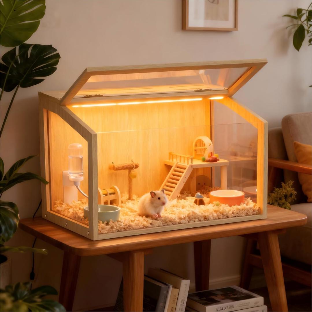 Hamster Cage: 24inch Wooden Small Animal Cage with Warm Light | Clear Chewy Proof Hamster House with Openable Breathable Top