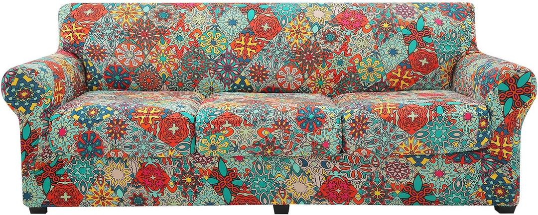 hyha Couch Cover, Floral Pattern, Stretch, Printed, 4 Pieces, Sofa Slipcovers, for 3 Separate Cushion Couch, Washable Furniture Protector for Dogs(Sofa, Diamond Mandala) (Large, Red)