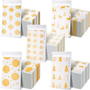 Zhanmai 50 Pcs Christmas Poly Gold Poly Bubble Mailers 5.51 x 8.27 Inch 5 Patterns Xmas Waterproof Bubble Padded Envelopes Self Adhesive Shipping Mailing Bags for Xmas Mailing Packaging