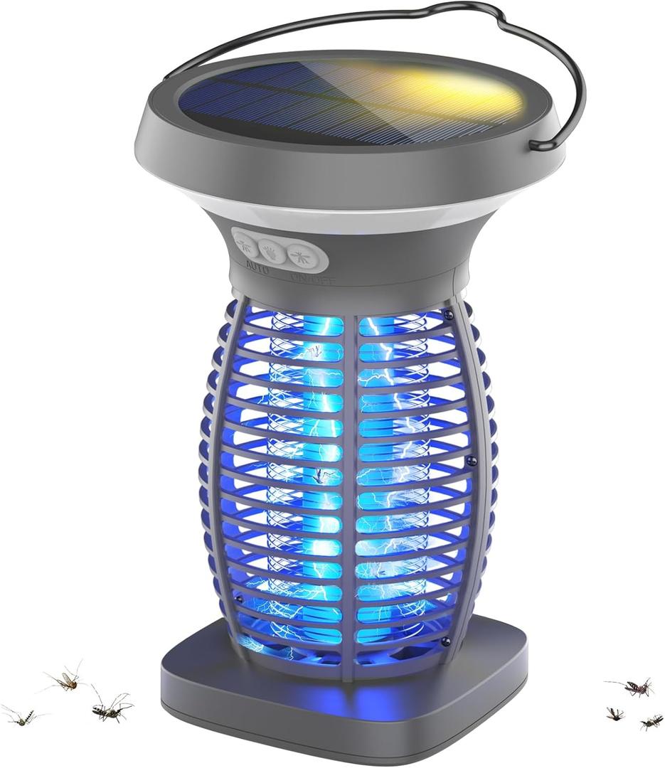 Solar Bug Zapper Outdoor, Mosquito Zapper Outdoor Waterproof Electric Fly Zapper Rechargeable Mosquito Killer with Solar Panel, 4200V Fly Trap Indoor for Home Backyard, Patio, Garden, Camping (Light Grey)