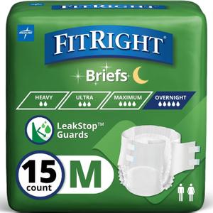 Medline MTB80300Z Extended Wear Overnight Adult Brief with Tabs, Maximum Absorbency, Medium, Pack of 15 (White, M)