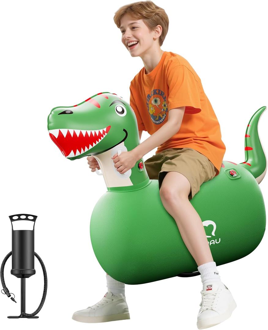 QPAU Infatable Bouncy Toys with Hand Pump, Heavy Duty Giant Bouncy Pal, 220lbs Load Capacity, Ride On Bouncy Animal Hopper Toy, Indoor Outdoor Bouncers for Kids Girls Boys Ages 5+ (Dinosaur, 1 Pack)