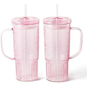 GOSCHE Glass Cups with Lids and Straws, 24oz Glass Tumbler with Straw and Lid, Iced Coffee Cups with Handle for Smoothie Juice Water Tea, Pink, 2 Pack