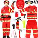 Firefighter Costume for Kids, Fireman Costume with Firefighter Tools, Fire Extinguisher, Helmet Light, Right Angle Flashlight, Kids Dress Up Clothes, Pretend Play Toys Gifts for Boys Age 4+