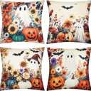 Weysat Halloween Horror Throw Pillow Covers 18 x 18 Inch Set of 4 Halloween Pillow Case Wildflower Pumpkins Ghost Bat Pattern Seasonal Decorative Horror Cushion Case Decoration for Home Sofa Couch Bed