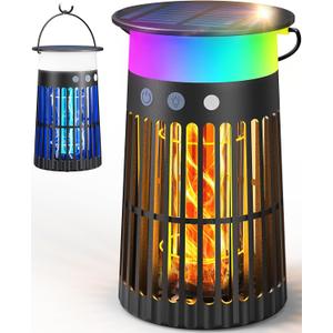 Solar Bug Zapper Outdoor Waterproof, 4 in 1 Solar Mosquito Zapper Outdoor, Cordless Solar Fly Zapper with RGB, Flame Light and LED Camping Lantern (Black)