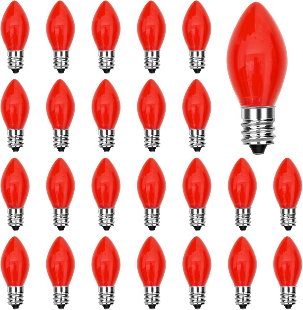 25 Pack C7 Red Replacement Bulbs, 5W Ceramic Red Bulbs for C7 Christmas Outdoor String Lights, E12 Candelabra Base Night Light Bulbs