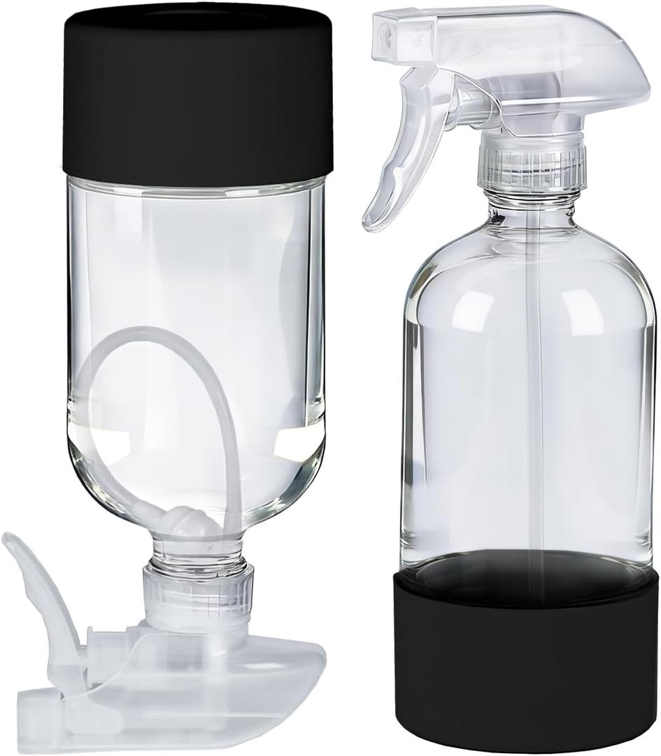 2 Pack 360 Glass Spray Bottles with Silicone Sleeve, 16 oz Empty Refillable Containers with Adjustable Spray Nozzles, Spray Bottles for Hair, Cleaning Solutions and Plants Black