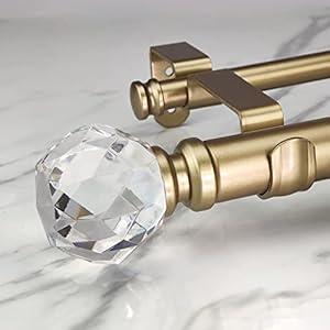 ILAISIHOME Double Curtain Rod Set:1-1/ 8 Inch Diameter Luxury Gold Curtain Rods, 72-144 Inch Adjustable Gold Drapery Rod with Crystal-clear Faceted Finials for 1 Pack