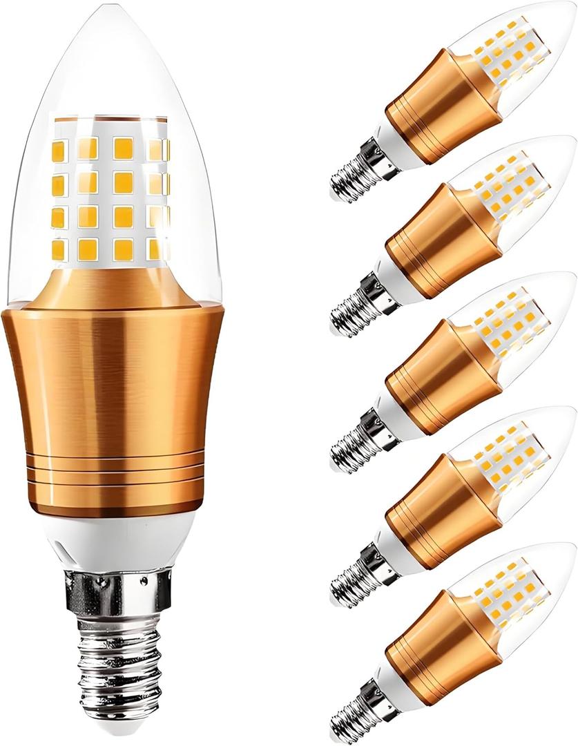 E12 LED Candelabra Base Bulbs 9W Decorative Candle Base 60 Watt Equivalent E12 Candle Lamp for Ceiling Fan Dining Room Home Decor 4000K Warm White AC85-265V Gold Torpedo Shape (9 Watts-4000K-5 Pack)