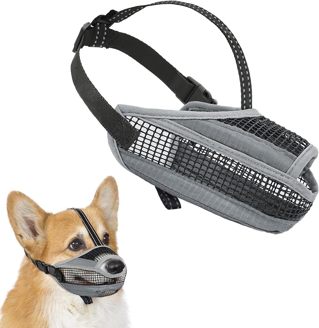 Soft Mesh Dog Muzzle with Reflective Strap - Lightweight Muzzle Adjustable Dogs to Prevents Biting, Chewing & Licking, Open Nose Design Reduces Friction & Enhances Comfort (Grey, M)